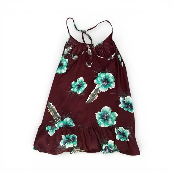 Volcom Burgundy Dress with Teal Tropical Floral Flowers Size Small Beach Luau - Picture 2 of 6